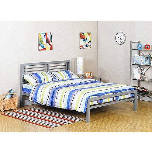 Silver Metal Full Size Platform Bed Black Furniture Headboard Footboard and Rails Frame Industrial New