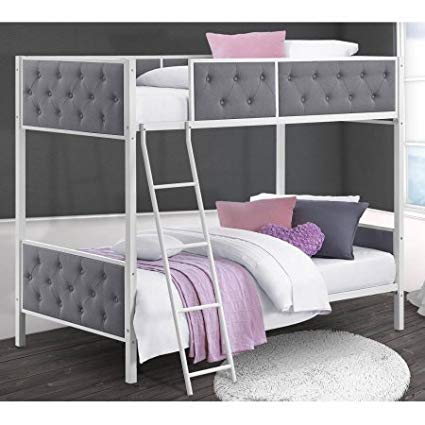 Twin Grey Linen Chesterfield Upholstered Bunk Bed, White Metal