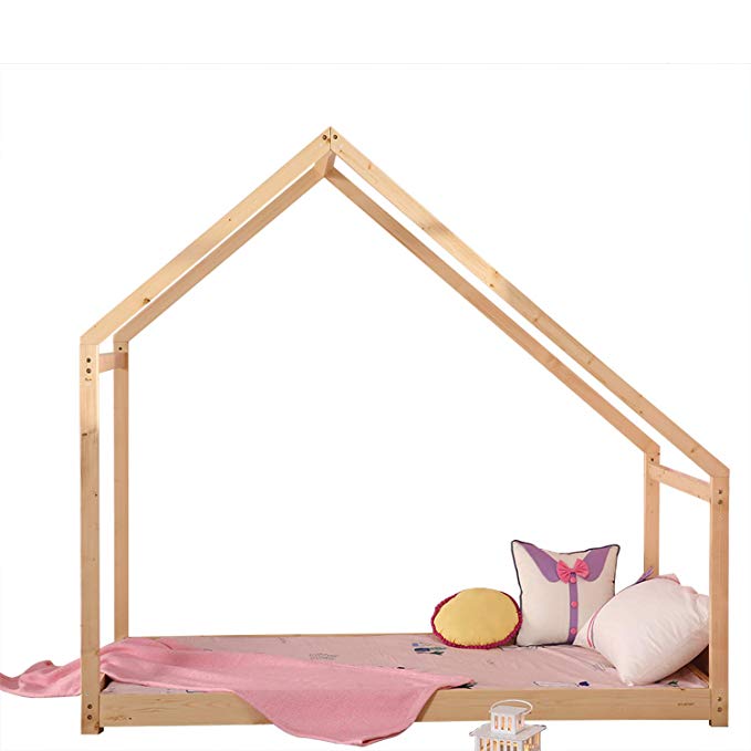 UHOM Bedroom 66''x29'' Furniture Premium Wood Children Toddler House Bed Frame Tent Bed Floor Bed