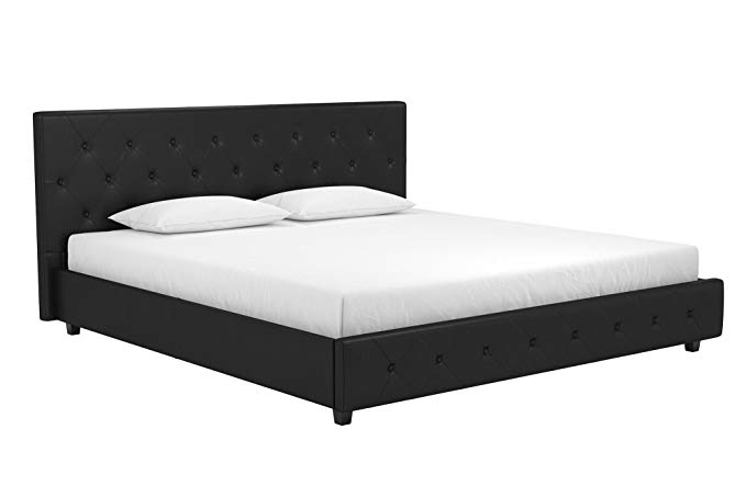 DHP 4175049 Dakota Upholstered Faux Leather Platform Bed with Wooden Slat Support and Tufted Headboard and Footboard, King Size, Black