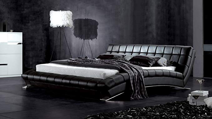 Zuri Furniture Adonis Black Tufted Leather Platform Bed - Queen