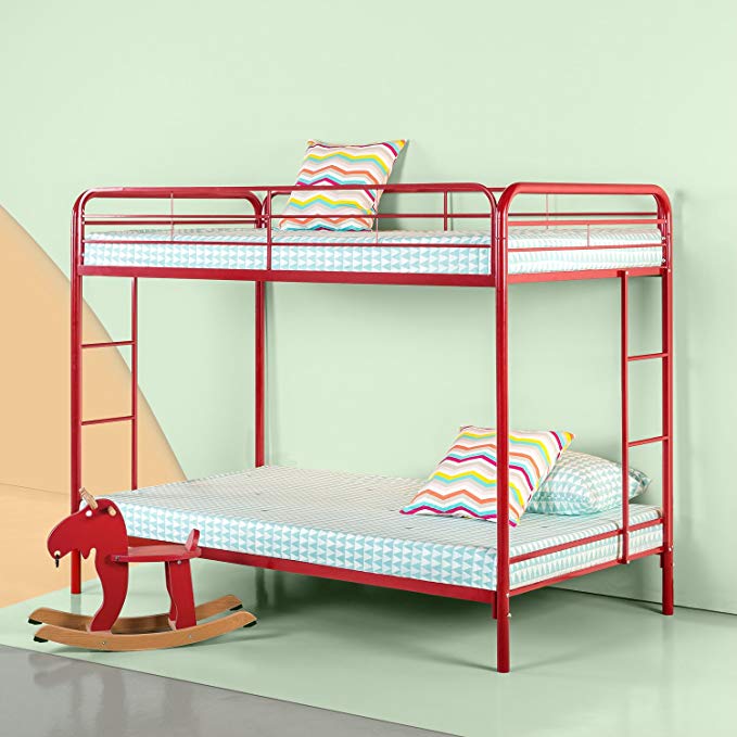 Zinus Easy Assembly Quick Lock Metal Bunk Bed Dual Ladders, Twin Over Twin, Red