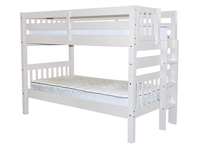 Bedz King Bunk Beds Twin Over Twin Mission Style with End Ladder, White