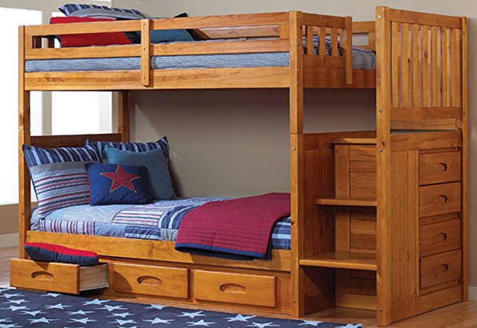 Discovery World Furniture Mission Twin Over Twin Staircase Bunk Bed with 3 Drawers in Honey Finish