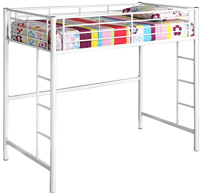 New Twin over Loft Metal Bunk Bed with Ladder, White Finish