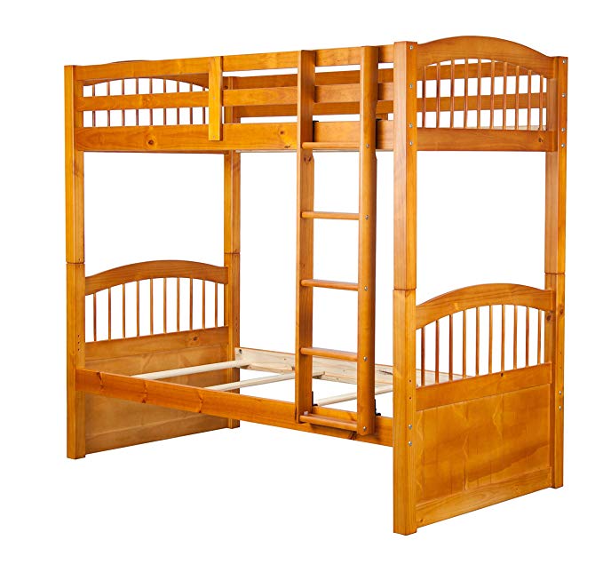 100% Solid Wood Triplet Twin Over Twin Bunk Bed, Honey Pine, 74”h, 8 Slats Included. Optional Pack of 18 Slats, Trundle With 3 Drawers, Trundle, Drawers, Rail Guard Sold Separately.