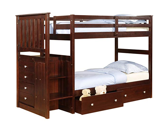 Twin over Twin Mission Stairway Bunk Bed in Cappuccino with Built-in Chest and Under-Bed Drawers