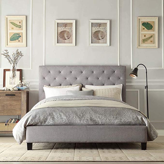 D&H Contemporary Grey Linen Button-Tufted Headboard Queen Platform Bed