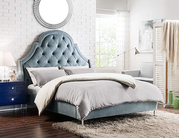 Iconic Home Nero Bed Frame with Wingback Headboard Velvet Upholstered Button Tufted Silver Nail Head Trim Stainless Steel Metal Legs, Modern Transitional, King, Slate Blue