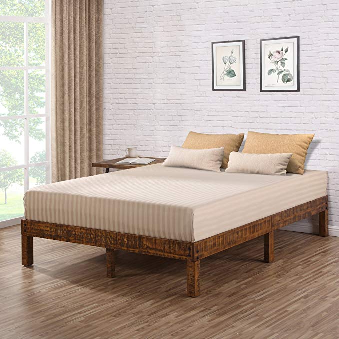 Ecos Living 14 Inch Modern Wood Platform Bed, Wood Bed Frame, Classic, Natural Brown, Beds (Queen)