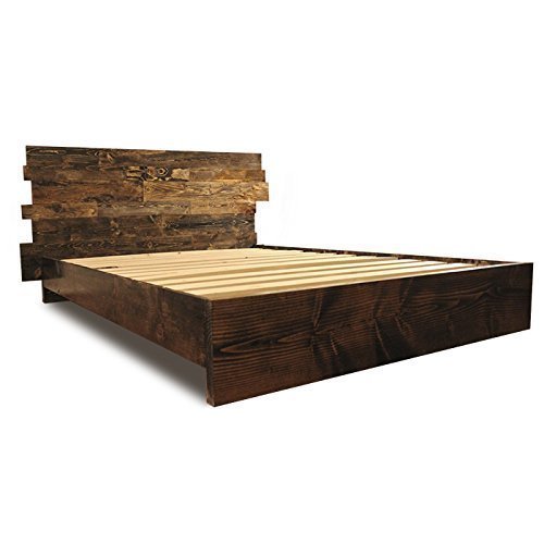 Wooden Platform Bed Frame and Offset Paneled Headboard/Modern and Contemporary/Rustic and Reclaimed Style/Old World/Solid Wood