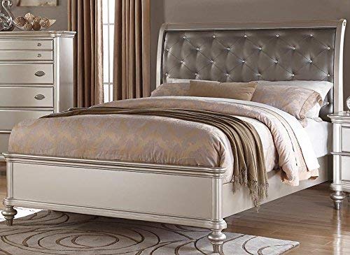 New Metallic Platinum Silver Finish Wood Faux Crystal Button Tufted Standard King Size Bed