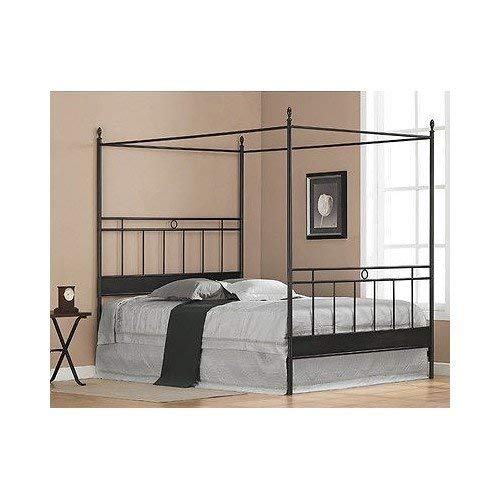 Black Metal Queen-size Canopy Bed. The Frame Has Horizontal and Vertical Bars for a Masculine Look. Guaranteed. Add Your Own Queen Mattress for Resort Like Comfort From Your Bedroom Furniture. The Sturdy Four Poster Updates with Contemporary Style.