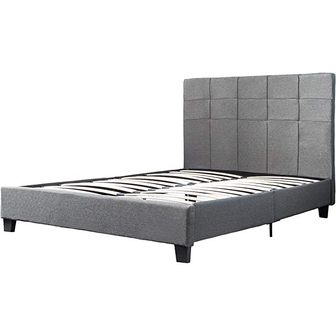 Upholstered Square Stitched Platform Bed Frame with Wooden Slats, Mattress Foundation, No Box Spring Needed, Queen - Grey