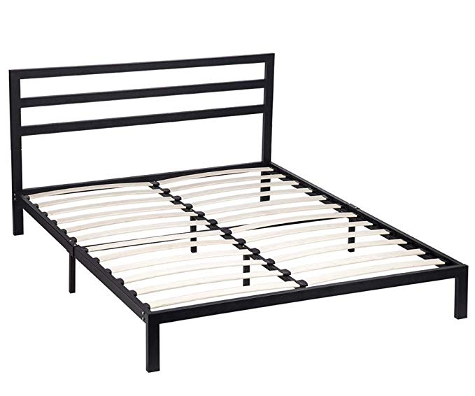 Metal Platform Bed Frame Box Spring Queen Size Replacement Foundation w/ Headboards Wood Slats