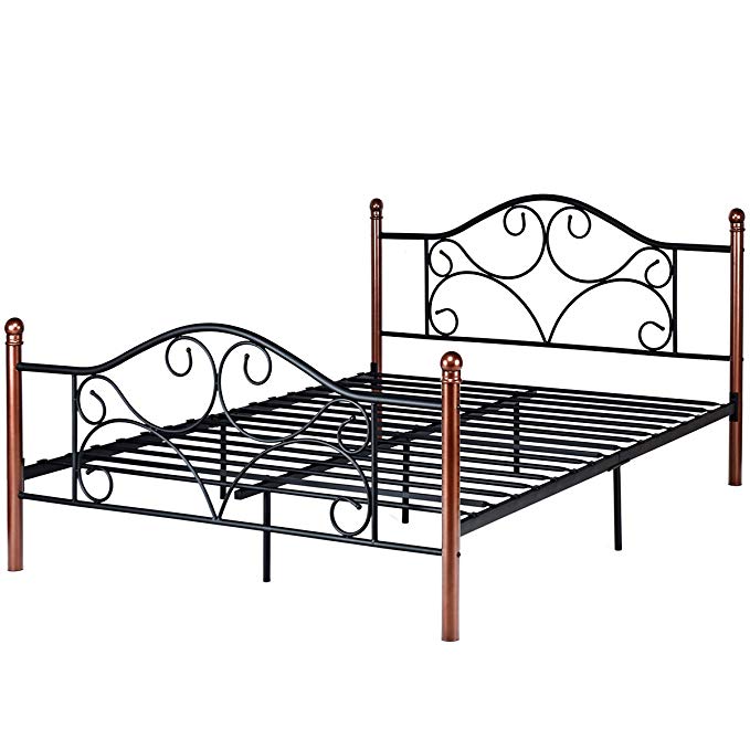 Giantex Queen Size Platform Bed Frame 9-Leg Support Mattress Foundation Metal Base Home Bedroom Furniture with Sturdy Metal Slats and Vintage Headboard and Footboard, Black