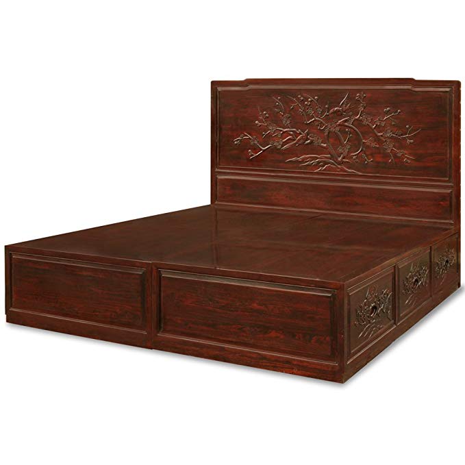 ChinaFurnitureOnline Elmwood Platform Bed, Cherry Blossom Design King Size Dark Cherry Finish