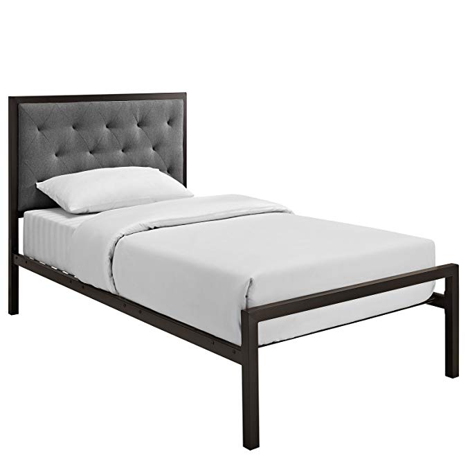 Modern Contemporary Twin Size Fabric Bed Frame, Grey Fabric