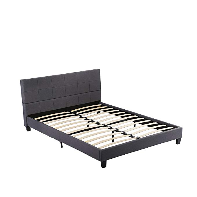 Platform Bed Queen Bed Frame Metal Base Mattress Foundation Tufted Upholstered Heavy Duty Wood Slat Support Gray No Boxspring Needed