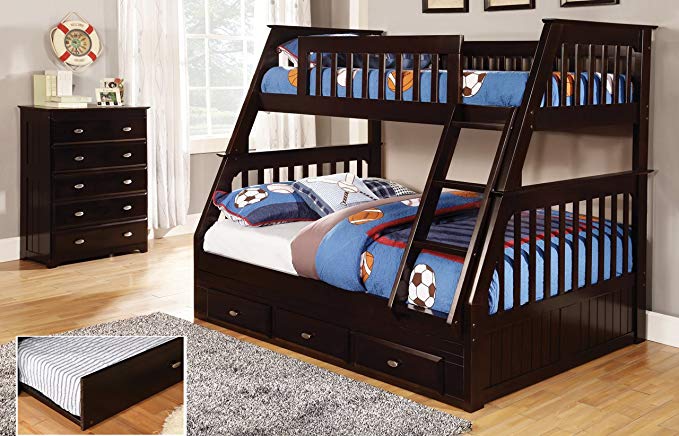 Discovery World Furniture Twin Over Full Bunk Bed with 3 Drawers, Desk, Hutch and Chair in Espresso Finish