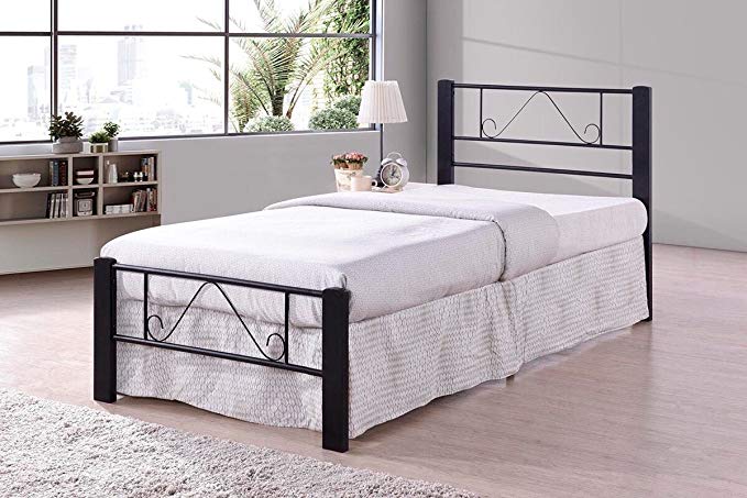 Black Metal Platform Bed Frame Twin Size, Headboards and Footboard with Solid Wood Legs and Full Slats - Need Mattress only, No Box Spring , Beard Design