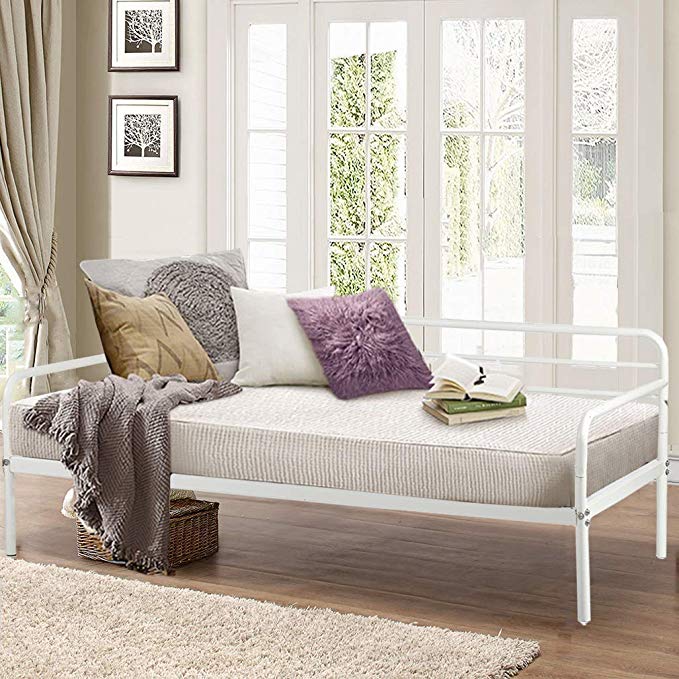 Daybed Frame Twin Steel Slats Platform Metal Daybed Base Box Spring Replacement Children Bed Sofa Living Room Guest Room White Heavy Duty