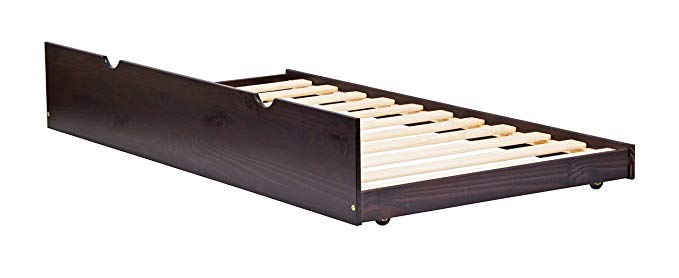 100% Solid Wood Twin Trundle On Wheels, Java Color, 13”H x 41”W x 74”L, 12 Slats Included. Accommodates All Standard Twin Mattresses. Requires Assembly