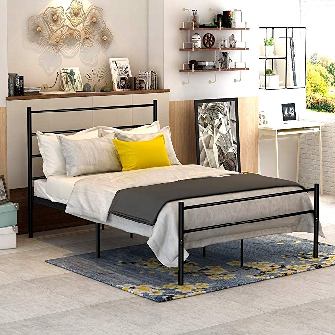 Metal Bed Headboard Mattress Foundationt Platform Frame Metal Slat Black Full Size