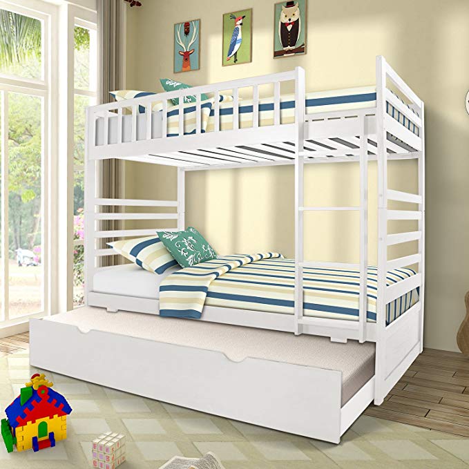 Merax Twin Over Twin Bunk Bed Trundle Solid Wood Bunk Bed in White Finish