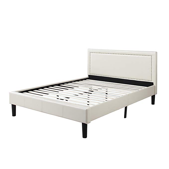 Divano Roma Furniture Classic Deluxe Bonded Leather Low Profile Platform Bed Frame with Nailhead Trim Headboard Design - Fits Full, Queen, King Mattresses (Twin, Ivory)