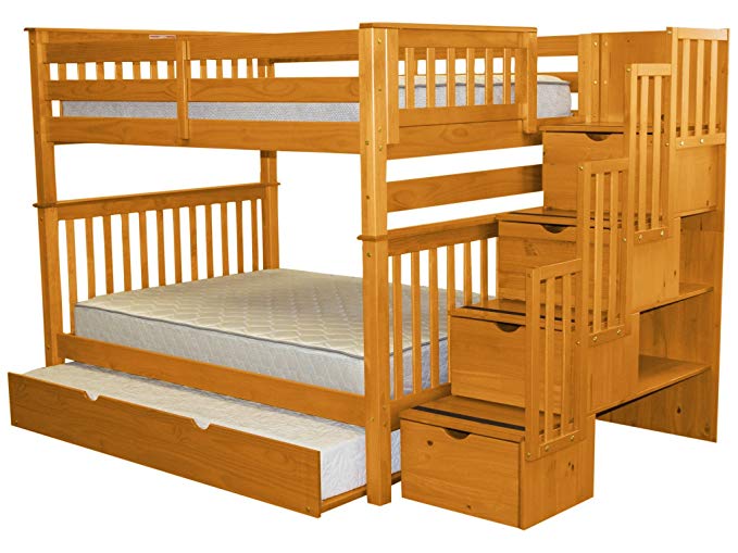 Bedz King Stairway Bunk Beds Full Over Full with 4 Drawers in The Steps and a Full Trundle, Honey