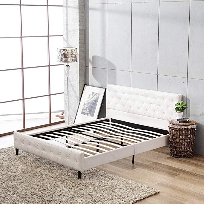 Mecor Faux Leather Diamond/Button Upholstered Full Size Platform Beds Frame,with Solid Wooden Slats,for Home Dorm Apartment,Full/White