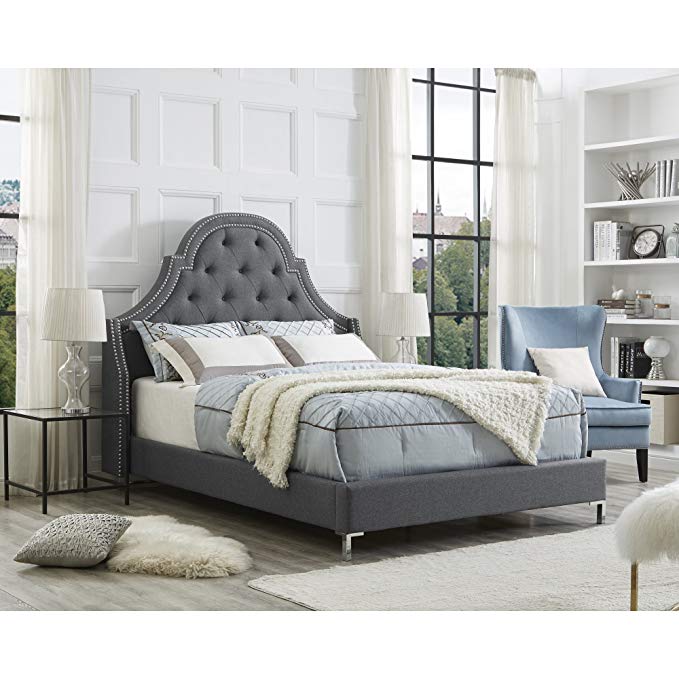 InspiredHome Light Grey Linen Bedframe – Design: Leonardo | King Size | Tufted | Modern | Nailhead Trim Finish