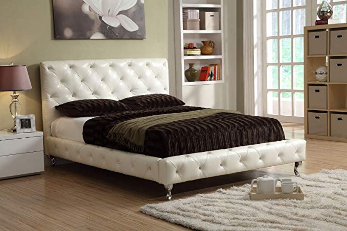 White Platform Bed Diamond Crystal Tufting - Queen