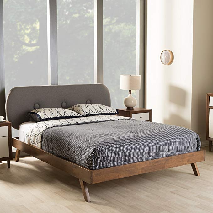 Baxton Studio Penelope Mid-Century Modern Solid Walnut Wood Grey Fabric Upholstered Full Size Platform Bed