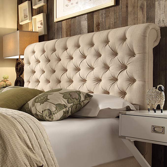 ModHaus Living Modern Beige Linen Upholstered Rolled Top Button Tufted Chesterfield King Headboard - Includes Pen