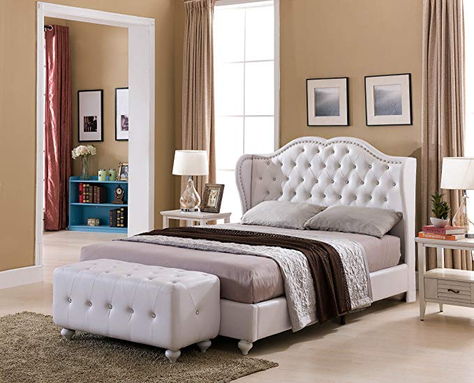 Kings Brand Furniture White Tufted Design Faux Leather Queen Size Upholstered Platform Bed