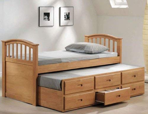 Twin Size Bed with Trundle & Drawers Maple Finish