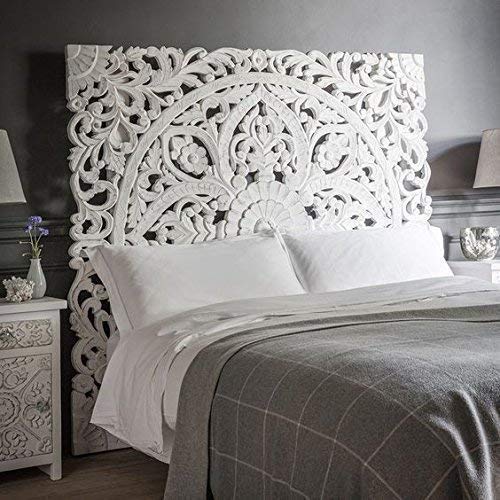 Queen Size Boho Carved Wood Bed Headboard, Hand Sculpted Wall Art Hanging From Chiang Mai, Thailand. 59