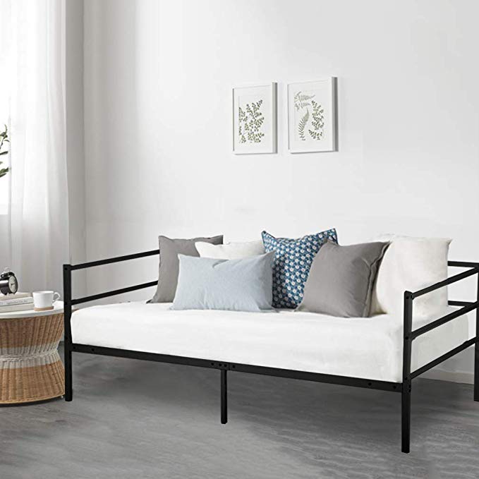 Daybed Frame Twin Daybed Metal Platform Bed Heavy Duty Steel Slats Box Spring and Foam Mattress Set for Living Room Guest Room