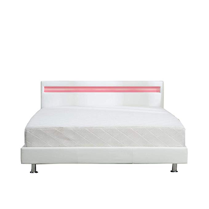 UHOM Modern Home Bedroom Bed Frame Contemporary Wood Steel PU-Leather Bed Multi-Color LED Light Headboard Full White