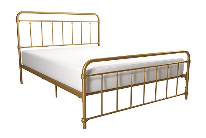 DHP Wallace Metal Bed Frame in Black with Vintage Headboard and Footboard, No Box Spring Required, Sturdy Metal Frame with Slats (Queen, Gold)