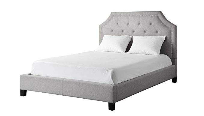 ModHaus Diamond Button Tufted Clipped Corners Gray Linen Upholstered Queen Headboard and Bed Includes Living (TM) Pen