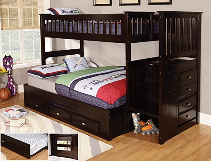 Discovery World Furniture Twin Over Full Stair Stepper Bed with Trundle in Espresso Finish