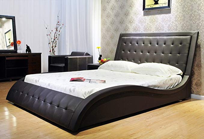 Greatime B1136-2 Eastern King Dark Brown Wave-Like Shape Faux Leather Platform Bed Euro Curved Slats