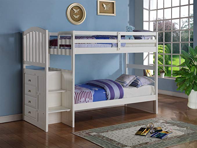 White Mission Style Staircase Bunk Bed with Built in Storage Drawers (Twin/Full)