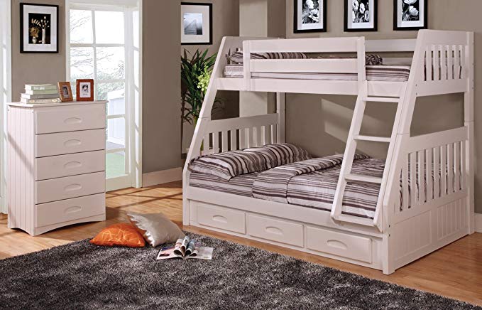 Discovery World Furniture Twin Over Full Bunk Bed with 3 Drawers, Desk, Hutch and Chair in White Finish