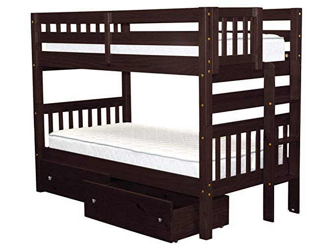 Bedz King Bunk Beds Twin Over Twin Mission Style with End Ladder and 2 Under Bed Drawers, Cappuccino