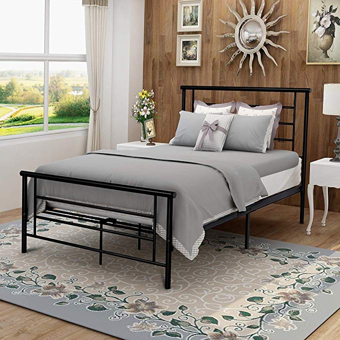 Modern Style Platform Metal Bed Frame Foundation Headboard Footboard Heavy Duty Steel Slabs Queen Full Twin Black Finish 633 (Full)