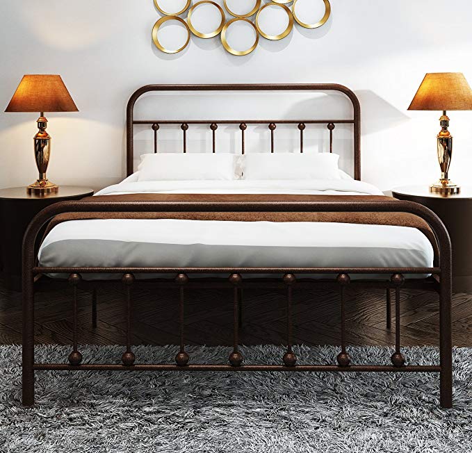 TEMMER Reinforced Metal Bed Frame Full Size with Headboard and Stable Metal Slats Boxspring Replacement/Footboard Single Platform Mattress Base,Metal Tube and Antique Brown Baking Paint.